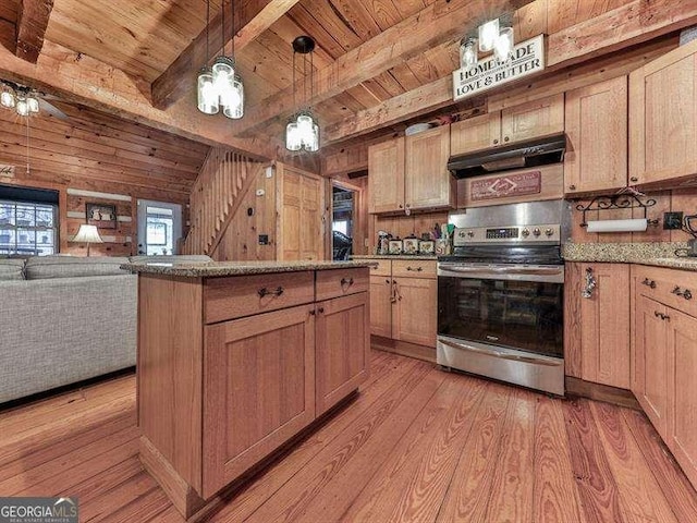 kitchen with pendant lighting, stainless steel electric stove, wooden ceiling, beamed ceiling, and light wood-type flooring