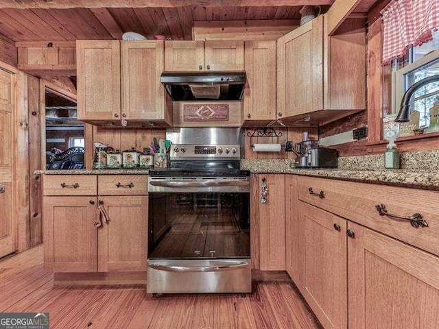 kitchen with extractor fan, light stone counters, wood ceiling, light hardwood / wood-style flooring, and electric range