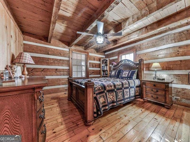 bedroom featuring beam ceiling, wooden ceiling, wooden walls, and light hardwood / wood-style flooring