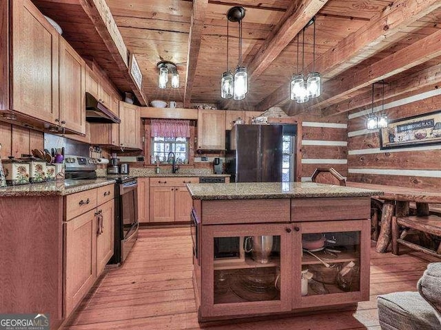 kitchen with black refrigerator, wood ceiling, stainless steel electric stove, and wood walls