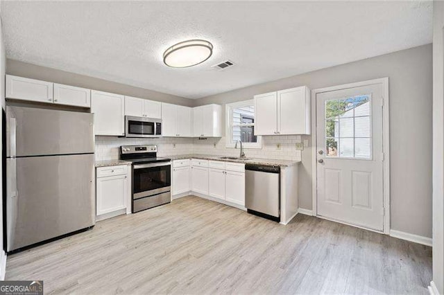 kitchen with sink, white cabinetry, light hardwood / wood-style flooring, appliances with stainless steel finishes, and backsplash