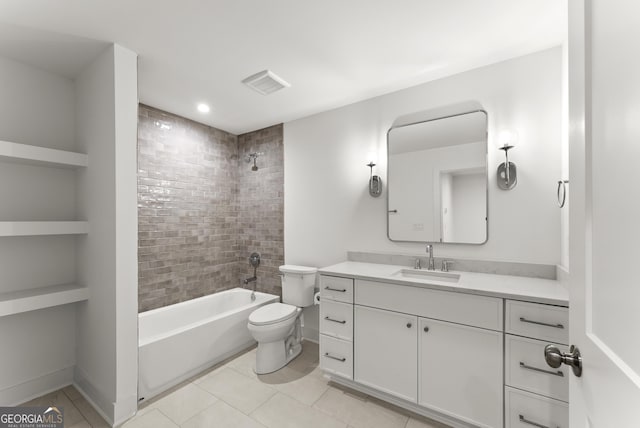 full bathroom with shower / bath combination, visible vents, toilet, vanity, and tile patterned flooring