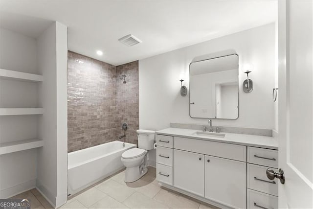 full bathroom with tiled shower / bath combo, vanity, tile patterned flooring, and toilet