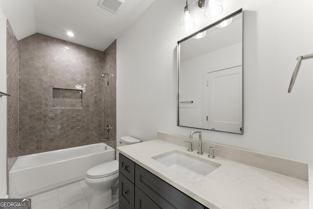 bathroom featuring tile patterned flooring, toilet, shower / tub combination, vanity, and visible vents