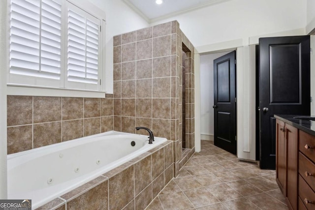 bathroom with crown molding, vanity, shower with separate bathtub, and tile patterned flooring