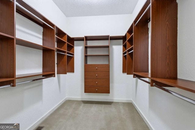 walk in closet featuring light colored carpet