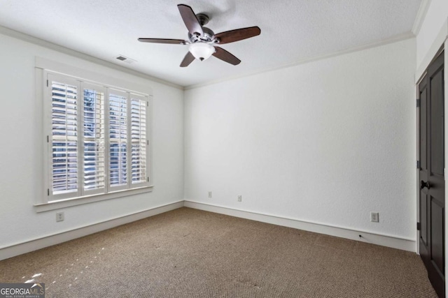 unfurnished room featuring crown molding, a textured ceiling, ceiling fan, and carpet flooring