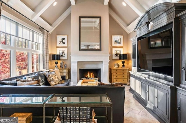 living room featuring lofted ceiling with beams