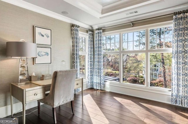 office featuring crown molding, a wealth of natural light, dark hardwood / wood-style floors, and a raised ceiling