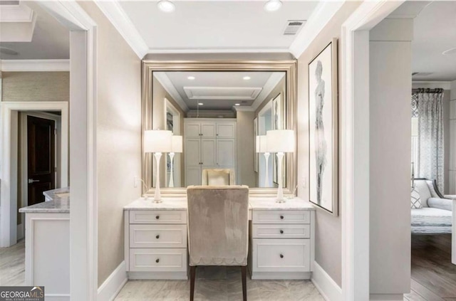 bathroom with vanity and ornamental molding