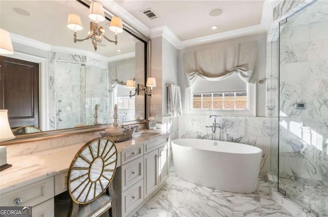 bathroom featuring vanity, separate shower and tub, ornamental molding, and an inviting chandelier