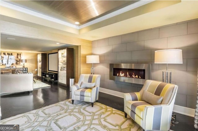 living area with dark hardwood / wood-style floors, a fireplace, and a raised ceiling