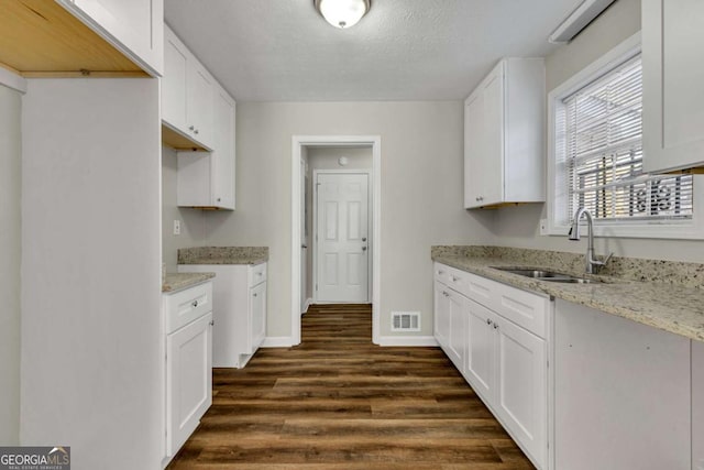 kitchen featuring light stone counters, dark hardwood / wood-style flooring, sink, and white cabinets