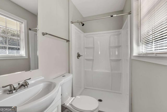 bathroom featuring vanity, a shower, and toilet