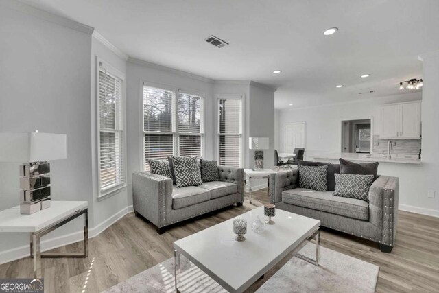 living room featuring ornamental molding, sink, and light hardwood / wood-style flooring