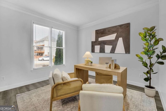 office featuring crown molding and dark hardwood / wood-style floors