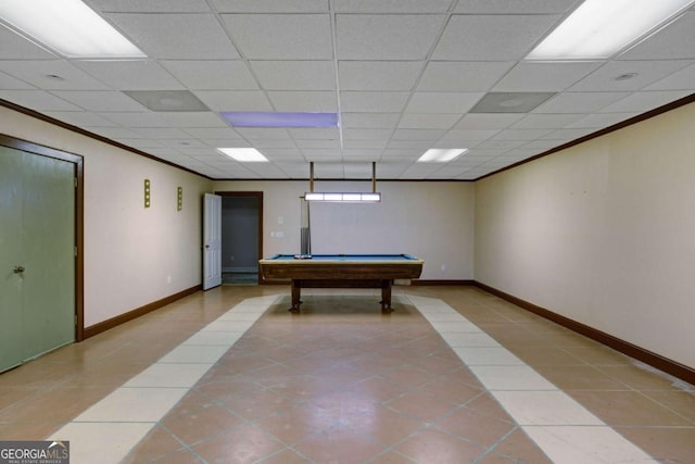 playroom with a drop ceiling, crown molding, pool table, and light tile patterned flooring