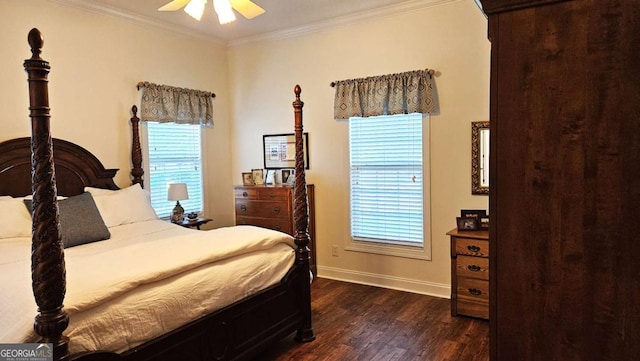 bedroom with ornamental molding, dark wood-type flooring, baseboards, and a ceiling fan