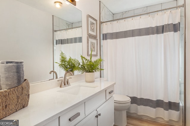 bathroom featuring vanity, wood-type flooring, and toilet