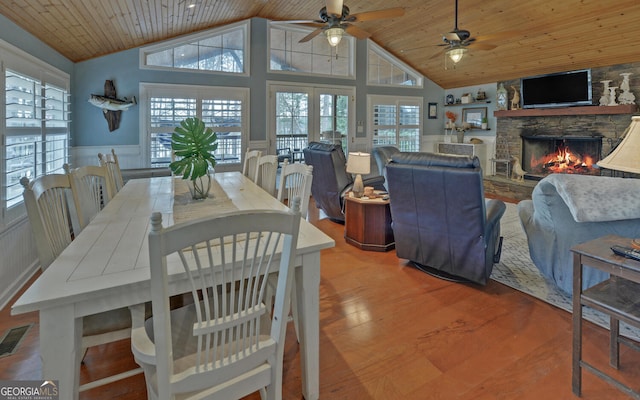 dining room with lofted ceiling, a fireplace, hardwood / wood-style floors, and wooden ceiling