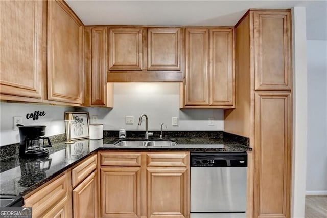 kitchen featuring sink, dark stone counters, and dishwasher