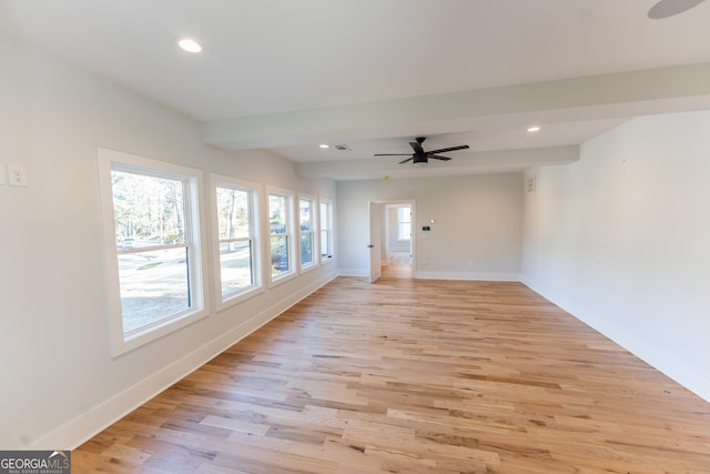 unfurnished room with beamed ceiling, ceiling fan, and light hardwood / wood-style flooring