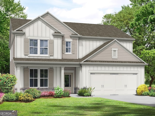 view of front of home with board and batten siding, a shingled roof, a front lawn, and concrete driveway