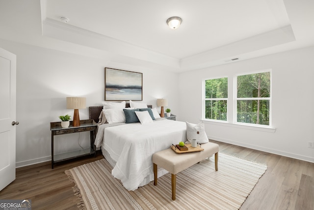 bedroom featuring a raised ceiling, wood finished floors, and baseboards