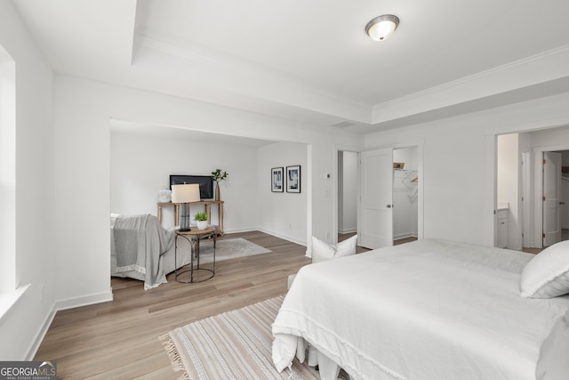 bedroom featuring baseboards, a raised ceiling, and wood finished floors