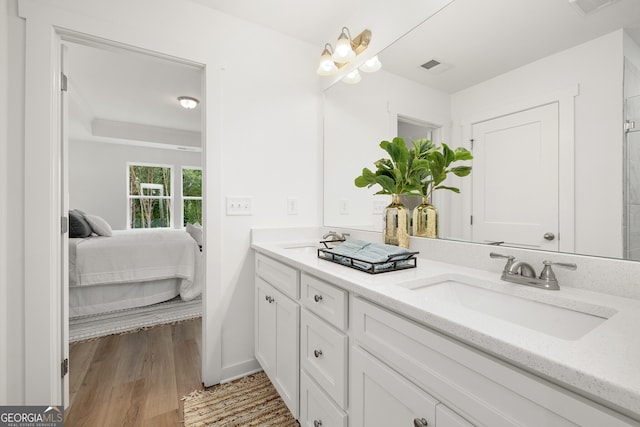 ensuite bathroom featuring double vanity, connected bathroom, wood finished floors, and a sink