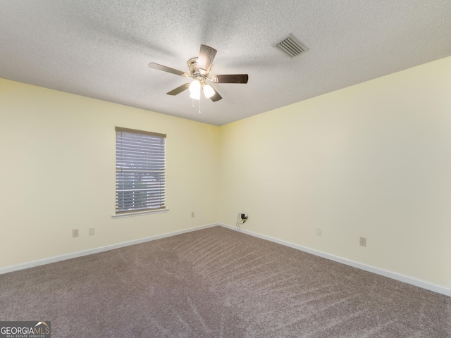 unfurnished room with carpet, a textured ceiling, and ceiling fan