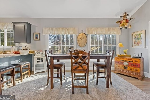 dining area with sink, light hardwood / wood-style floors, and a healthy amount of sunlight