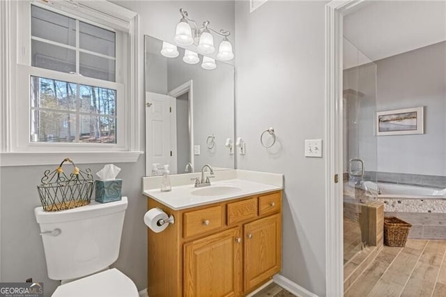 bathroom featuring vanity, wood-type flooring, and toilet