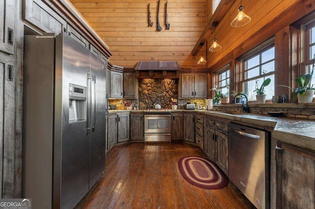 kitchen featuring tasteful backsplash, sink, dark hardwood / wood-style flooring, wood ceiling, and stainless steel appliances