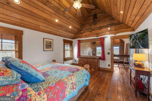 bedroom with wood ceiling, dark wood-type flooring, and vaulted ceiling