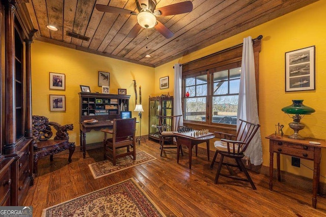 interior space with wood ceiling, dark wood-type flooring, and ceiling fan