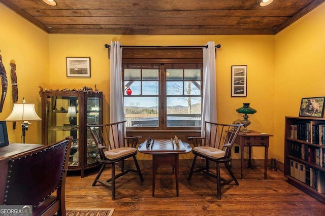 living area with wood ceiling and dark wood-type flooring