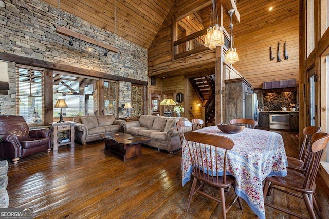 dining room featuring dark wood-type flooring, wood ceiling, a chandelier, vaulted ceiling, and wooden walls