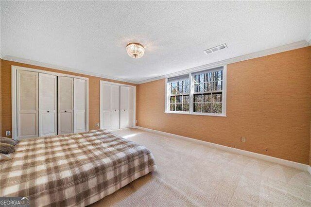 unfurnished bedroom with multiple closets, light colored carpet, ornamental molding, and a textured ceiling