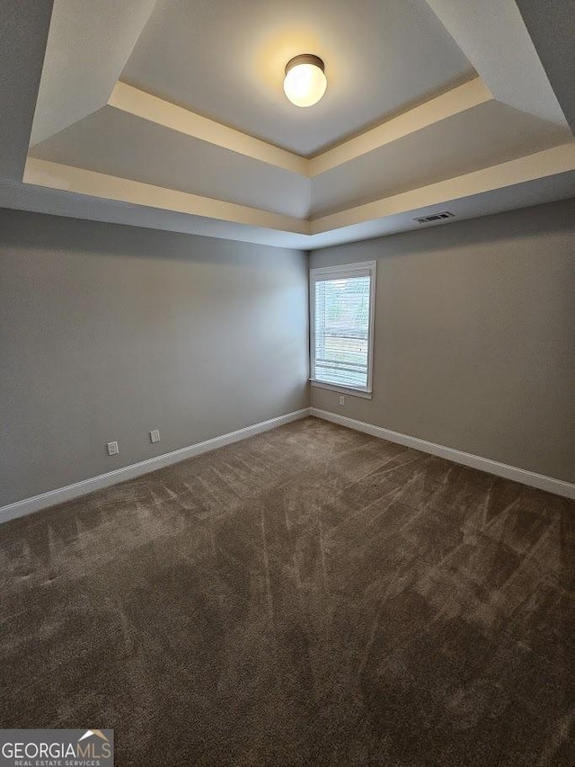 unfurnished room with a raised ceiling and carpet floors