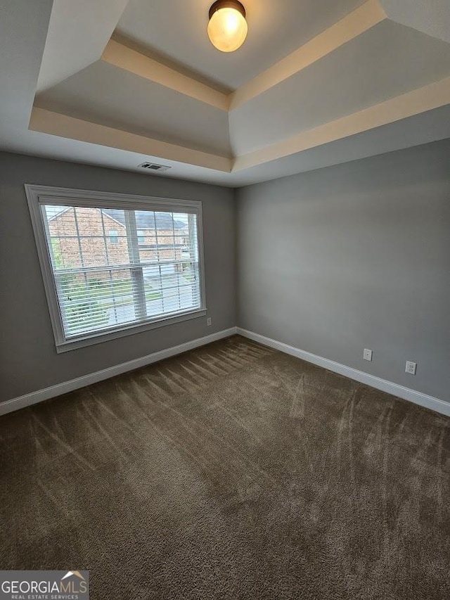 carpeted spare room with a raised ceiling