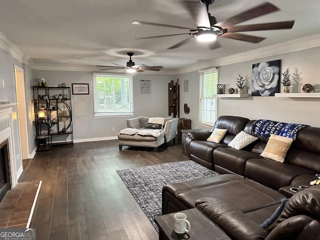 living room with dark hardwood / wood-style flooring, a wealth of natural light, and ornamental molding