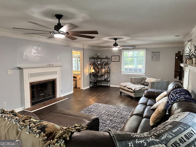 living room featuring ornamental molding and dark hardwood / wood-style floors