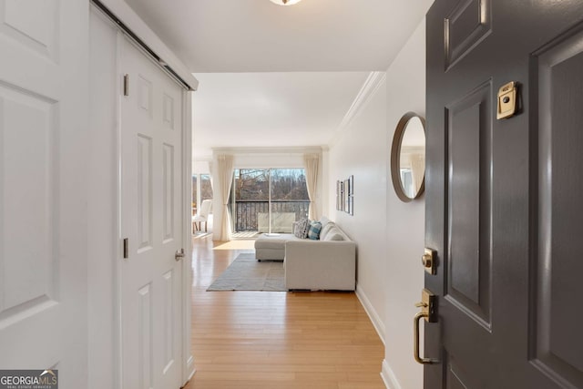 entryway featuring ornamental molding and light wood-type flooring