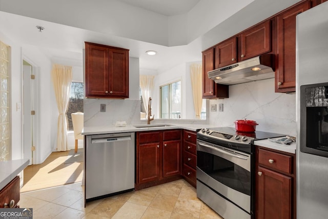 kitchen with tasteful backsplash, a healthy amount of sunlight, appliances with stainless steel finishes, and sink