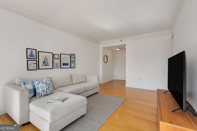 living room featuring crown molding and wood-type flooring