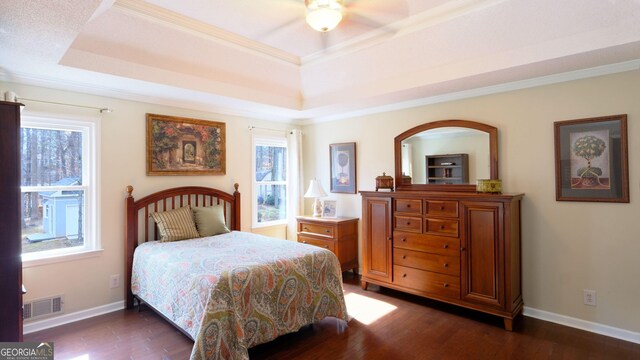 bedroom with multiple windows, a tray ceiling, and dark hardwood / wood-style floors