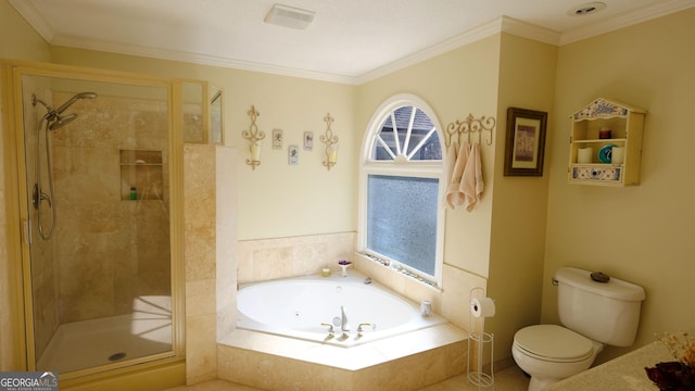 bathroom with plus walk in shower, plenty of natural light, ornamental molding, and toilet