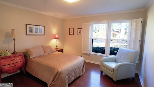 bedroom featuring crown molding and dark hardwood / wood-style floors