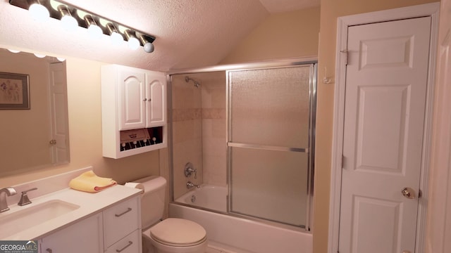 full bathroom featuring vaulted ceiling, enclosed tub / shower combo, vanity, toilet, and a textured ceiling